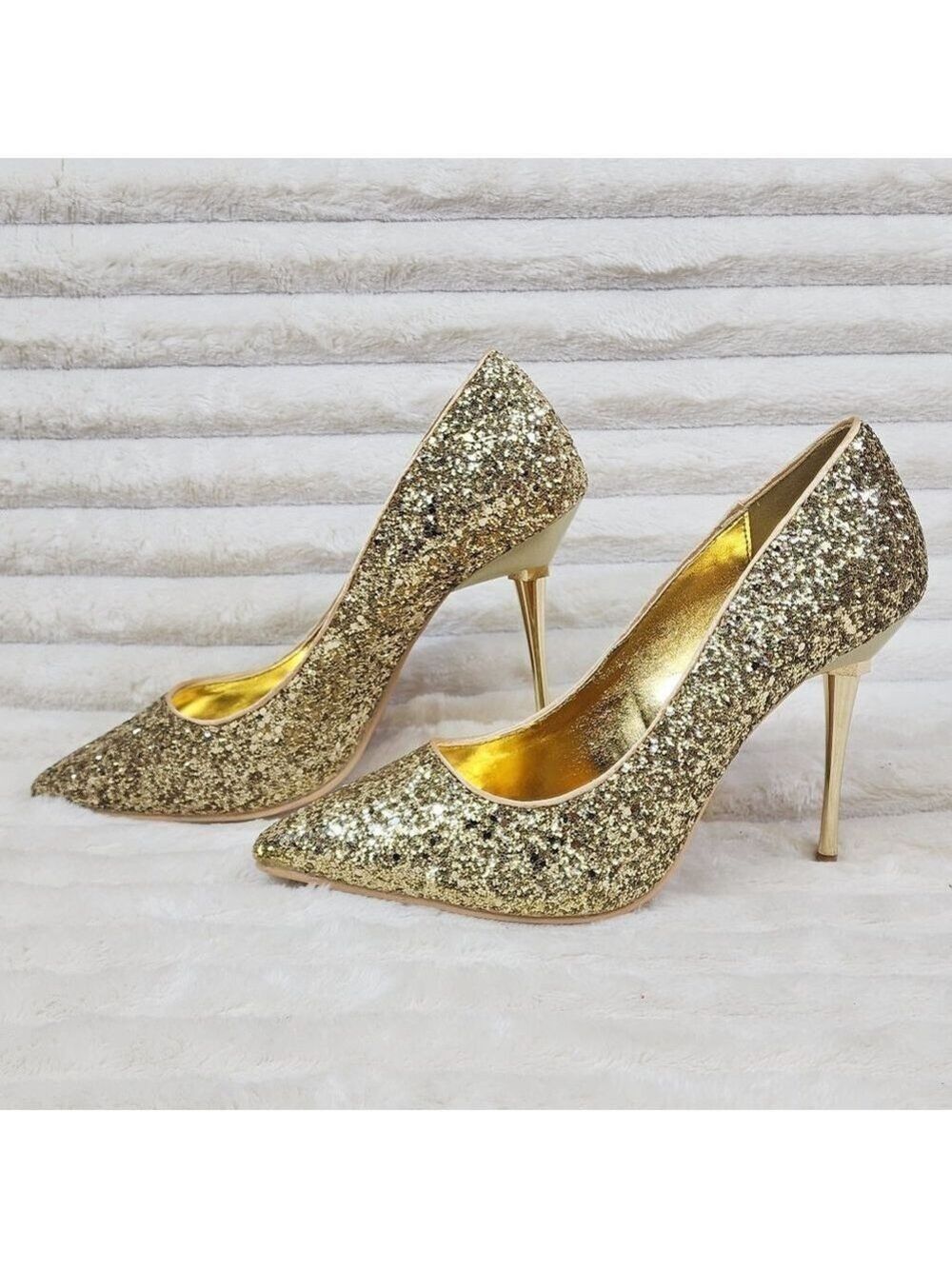 Pleaser Amuse Gold Glitter Pumps Slim Metal Stiletto Heels